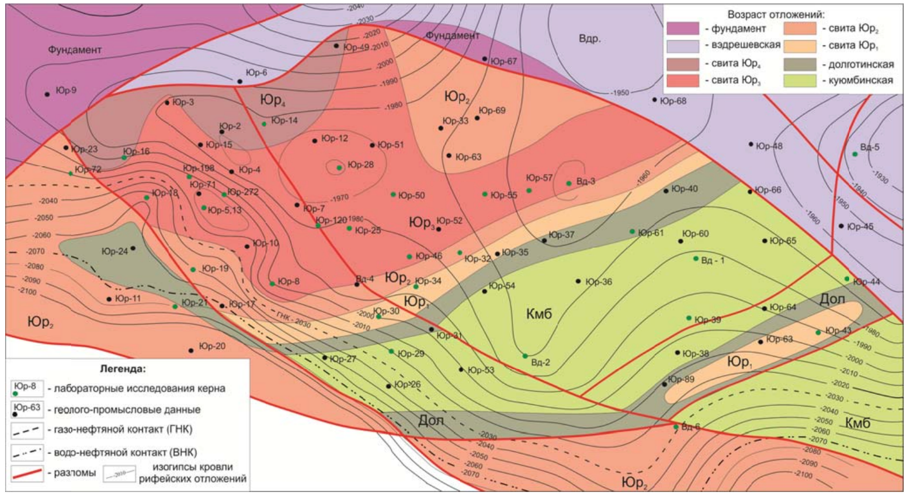 Схематическая карта выхода рифейских отложений на предвенд- скую эрозионную поверхность и продуктивность скважин